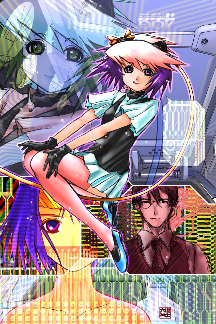 1boy, 2girls, :q, android, animal_ears, ankle_socks, artist_name, bare_shoulders