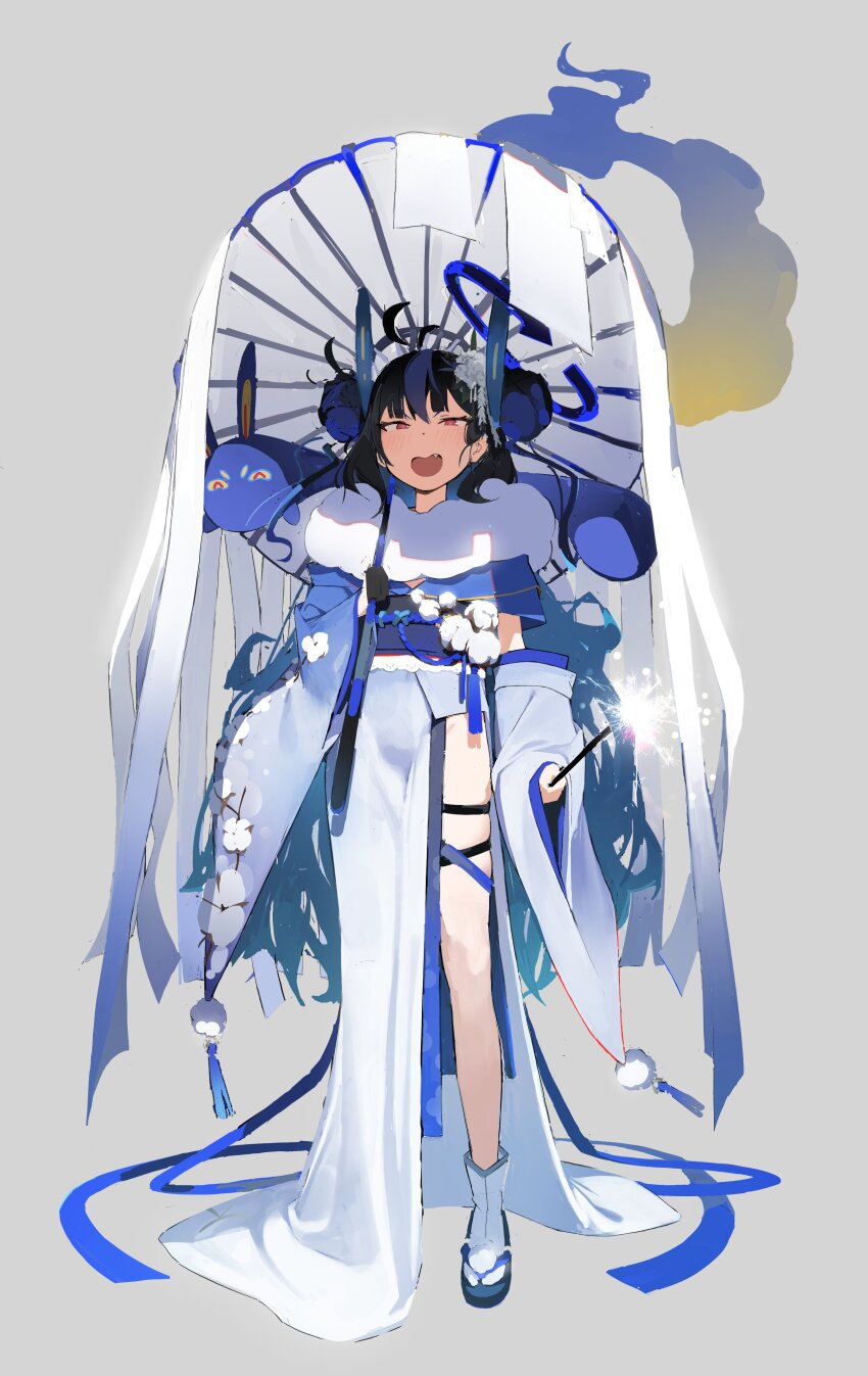 1girl, absurdres, alchemy_stars, alternate_costume, antenna_hair, black_hair, blue_kimono, blush