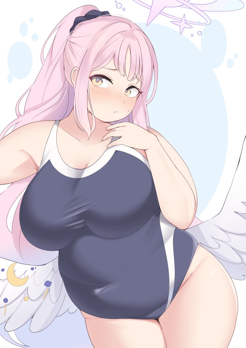 1girl, absurdres, bifizu's_gold, blue_archive, blue_background, blue_one-piece_swimsuit, blush, breasts, collarbone, covered_navel, cowboy_shot, crescent_moon, feathered_wings, halo, head_tilt, high_ponytail, highres, large_breasts, long_hair, looking_at_viewer, mika_(blue_archive), moon, one-piece_swimsuit, parted_lips, pink_hair, plump, ponytail, sidelocks, solo, swimsuit, taut_clothes, taut_swimsuit, thick_arms, thick_thighs, thighs, white_background, white_wings, wings, yellow_eyes