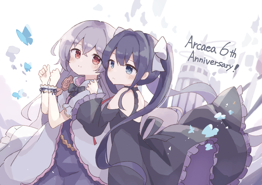 2girls, absurdres, anniversary, arcaea, bare_shoulders, black_bow, black_bowtie, black_dress