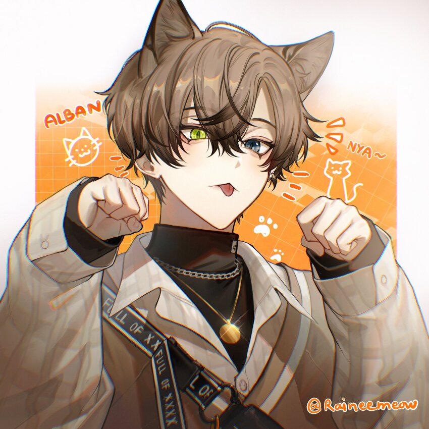 1boy, :<, :p, alban_knox, alban_knox_(2nd_costume), animal_ear_fluff, animal_ears, artist_name