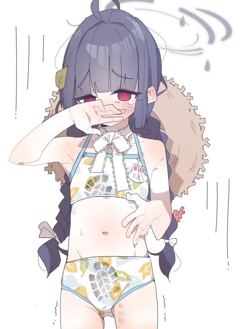 1girl, ahoge, armpits, black_hair, blue_archive, blunt_bangs, blush, braid