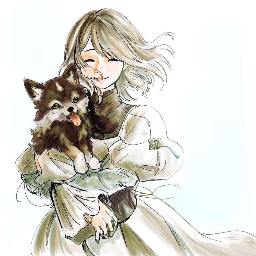 1girl, absurdres, anditiucs, animal, baby_animal, child, closed_eyes, dog, dress, final_fantasy, final_fantasy_xvi, grey_hair, grey_wolf, highres, holding, holding_animal, holding_dog, jewelry, jill_warrick, pendant, puffy_sleeves, puppy, short_hair, simple_background, smile, square_enix, standing, tongue, tongue_out, torgal_(ff16), upper_body, white_dress, wolf