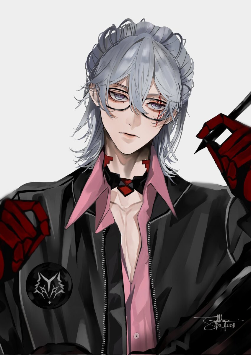 1boy, artist_name, black-framed_eyewear, black_choker, black_jacket, bright_pupils, buttons, choker