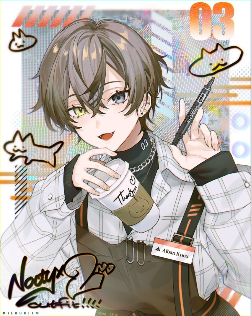 1boy, :d, alban_knox, alban_knox_(2nd_costume), apron, artist_name, black_shirt, border