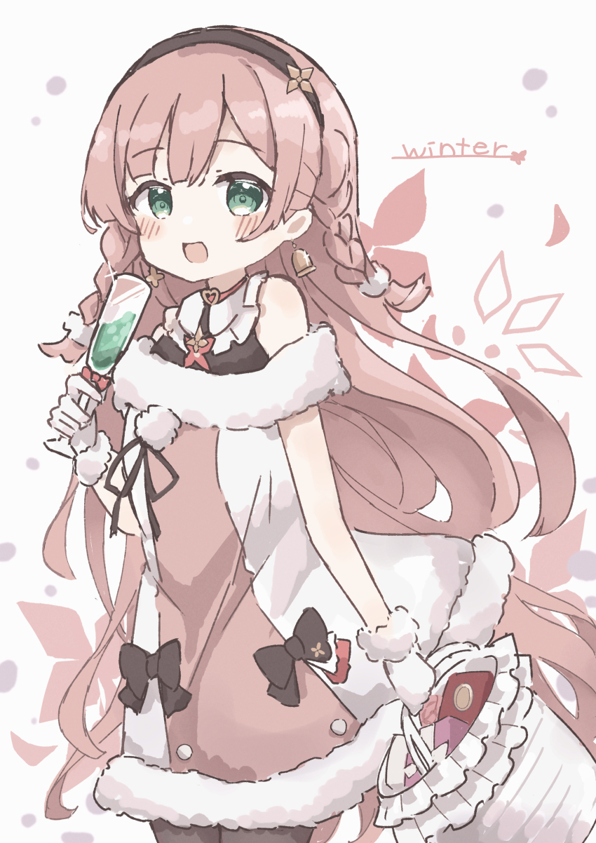 1girl, :d, absurdres, arcaea, bag, bare_shoulders, bell, bell_earrings, black_bow, black_hairband, black_pantyhose, blush_stickers, bow, braid, cocktail_glass, colon_br, cowboy_shot, cup, dress, drink, drinking_glass, earrings, fur-trimmed_dress, fur_trim, glint, gloves, hairband, highres, holding, holding_bag, holding_drink, jewelry, kou_(arcaea), kou_(winter)_(arcaea), long_bangs, long_hair, looking_at_viewer, off-shoulder_dress, off_shoulder, open_mouth, pantyhose, pink_dress, pink_hair, raised_eyebrows, simple_background, smile, solo, straight_hair, twin_braids, two-tone_dress, white_background, white_dress, white_gloves
