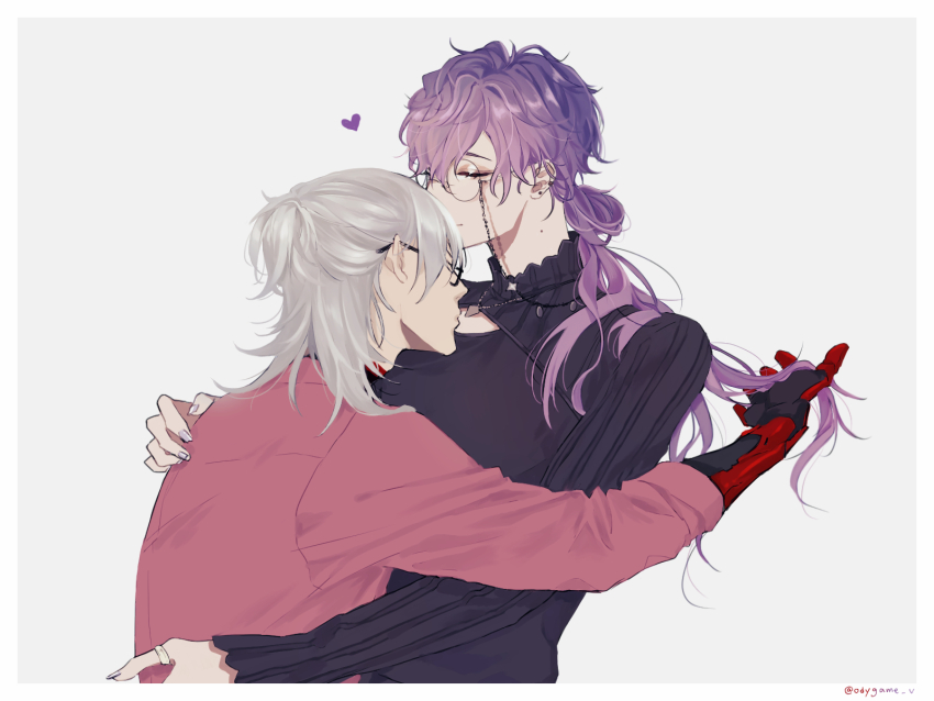 2boys, artist_name, black-framed_eyewear, black_shirt, border, closed_eyes, closed_mouth, clothing_cutout