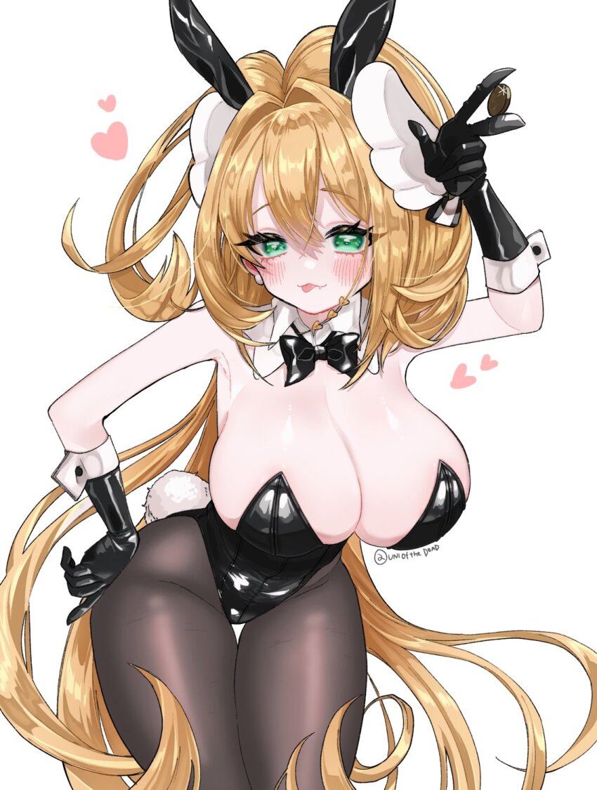 1girl, animal_ears, armpits, arms_up, black_leotard, black_pantyhose, blonde_hair, bow