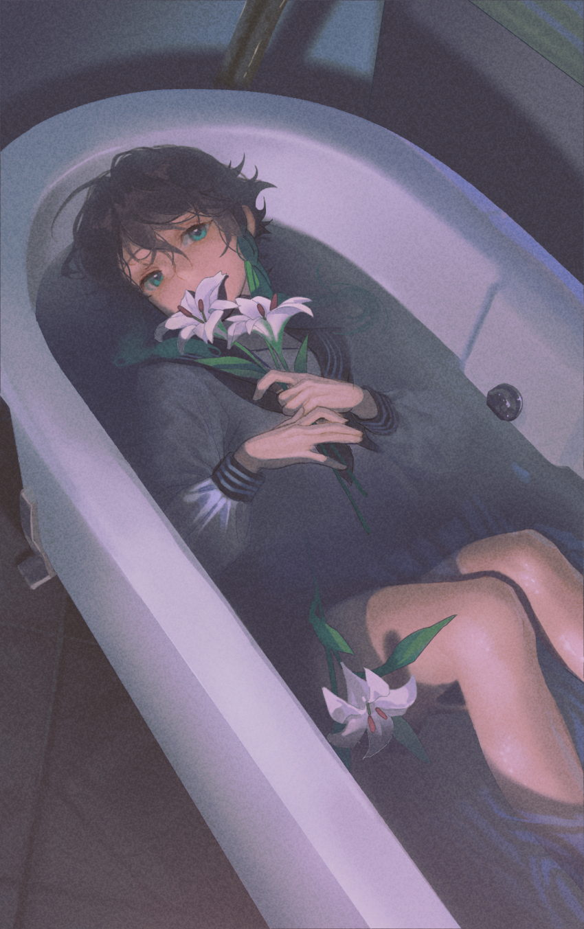 1boy, alternate_costume, androgynous, aqua_eyes, bathtub, black_hair, braid, crossdressing