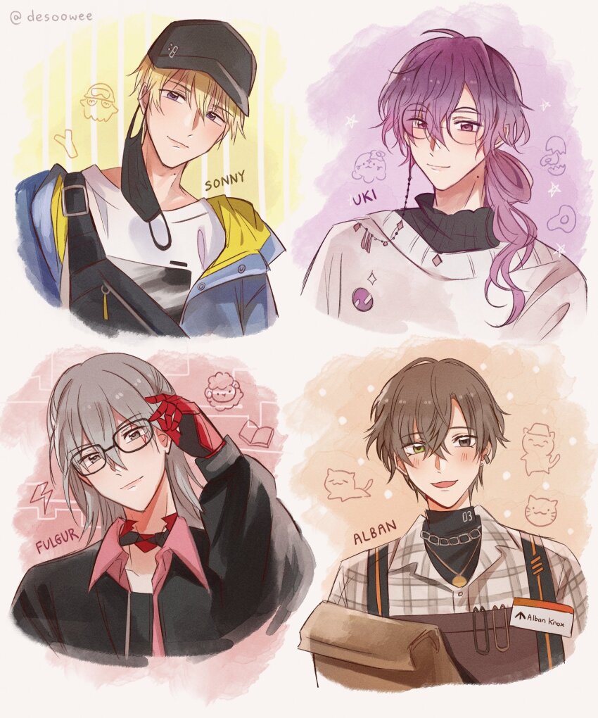 4boys, absurdres, adjusting_eyewear, alban_knox, alban_knox_(2nd_costume), apron, artist_name, bag