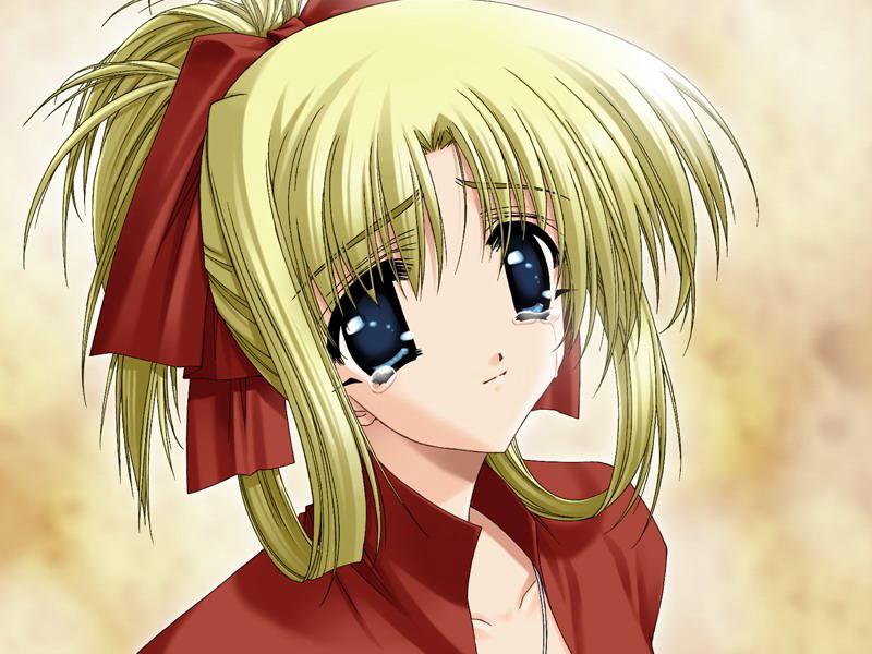 1girl, aquas, blonde_hair, blue_eyes, bow, female_focus, game_cg, gradient_background