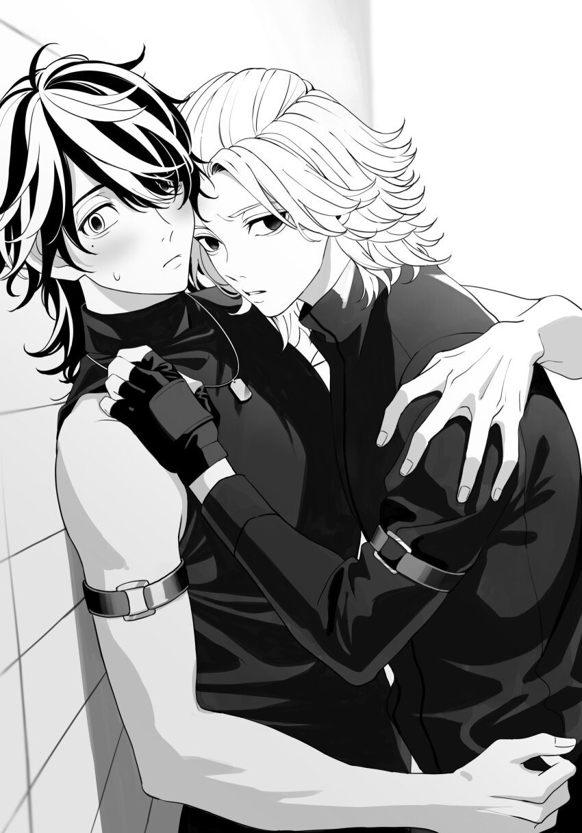 2boys, arm_belt, closed_mouth, cowboy_shot, dog_tags, empty_eyes, fingerless_gloves, gloves