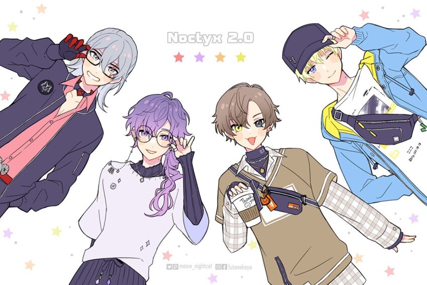 4boys, :3, :d, adjusting_clothes, adjusting_eyewear, adjusting_headwear, alban_knox, alban_knox_(2nd_costume)