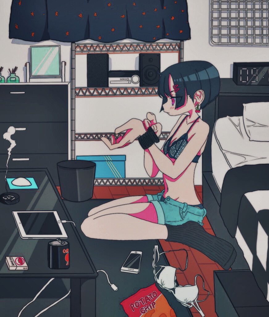 1girl, ashtray, bag_of_chips, bed, black_hair, black_socks, bra, breasts, cable, can, cellphone, charging_device, cherry_earrings, chest_of_drawers, cigarette_butt, cigarette_pack, clock, closed_mouth, collarbone, curtains, denim, denim_shorts, digital_clock, drink_can, earrings, food-themed_earrings, food_themed_earrings, from_side, full_body, grey_bra, hair_ornament, hairclip, halterneck, hands_up, indoors, jewelry, mirror, nao97122, navel, no_shirt, on_floor, open_clothes, open_shorts, original, partially_undressed, phone, pink_eyes, profile, revision, rug, shelf, shirt, shoe_box, short_hair, shorts, sitting, small_breasts, smartphone, smoke, socks, soda_can, solo, speaker, stereo, table, tablet_pc, underwear, unworn_bra, wariza, watch, wristwatch