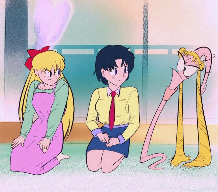 1other, 2girls, aino_minako, animal, bishoujo_senshi_sailor_moon, blonde_hair, blue_hair, blue_skirt