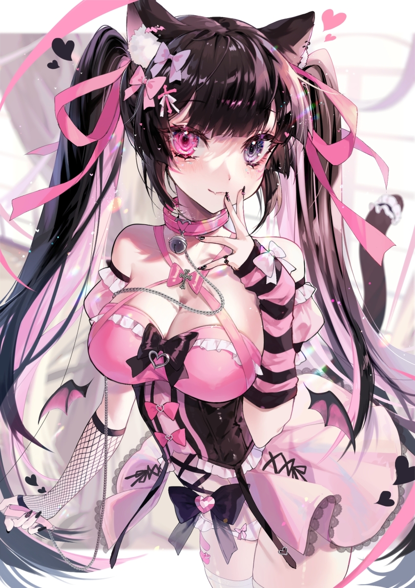 1girl, akuradere, animal_ears, arm_warmers, bandaid, bell, black_hair, black_nails, blush, breasts, chain, demon_wings, detached_sleeves, eita_789, fang, fingernails, fishnet_sleeves, fishnets, gothic_lolita, heart_(symbol), heterochromia, highres, indie_virtual_youtuber, jewelry, jiraikei, large_breasts, lolita_fashion, necklace, panties, ribbon, sharp_fingernails, skirt, smile, striped_arm_warmers, tail, twintails, underwear, virtual_youtuber, wings, yami_kawaii