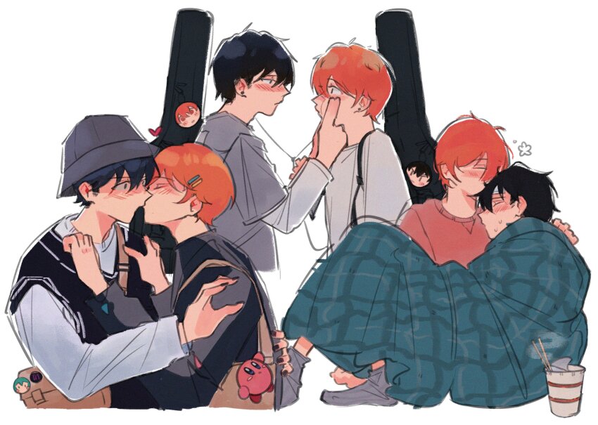 2boys, absurdres, bandaid, bandaid_on_face, bandaid_on_forehead, bishounen, black_hair, black_nails