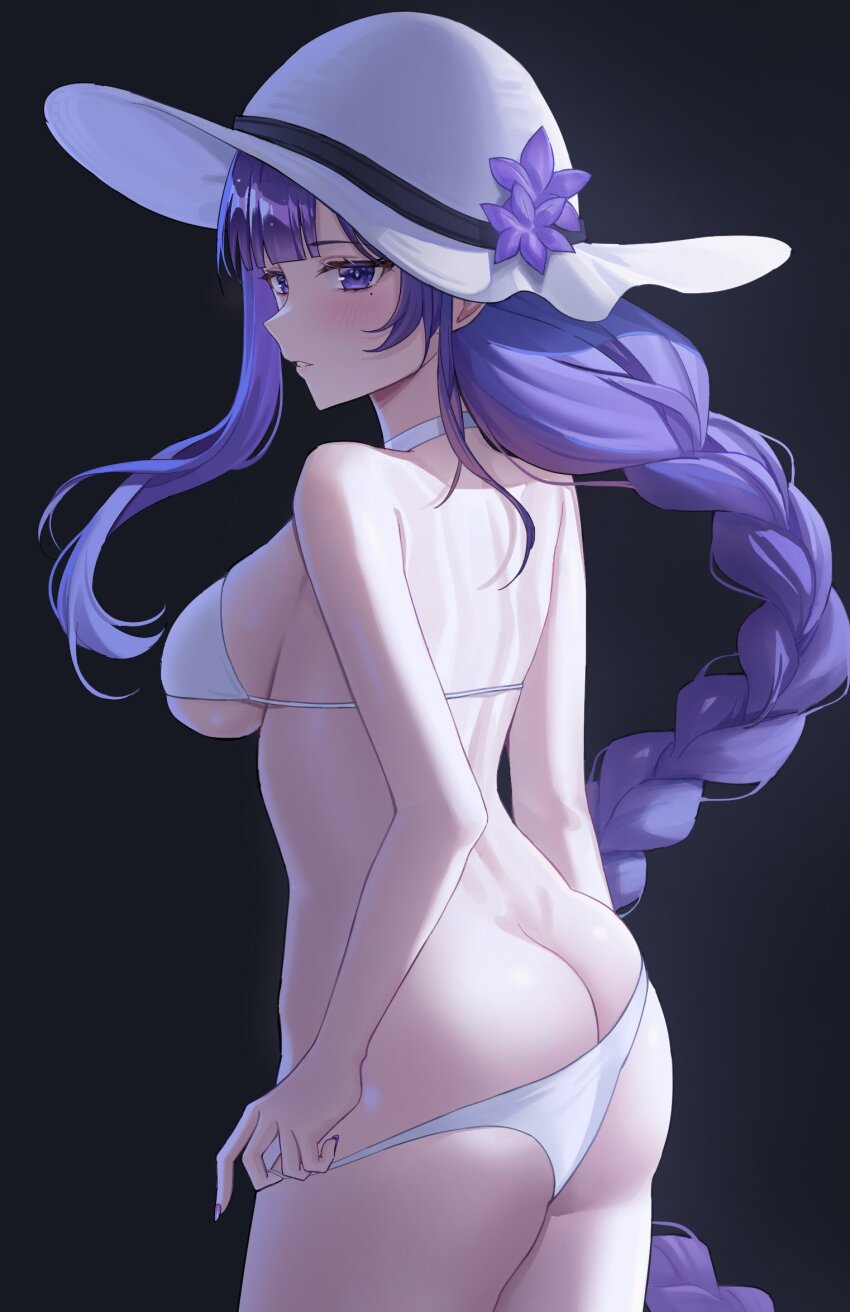 1girl, alternate_costume, ass, back, bikini, bikini_pull, black_background, blunt_bangs