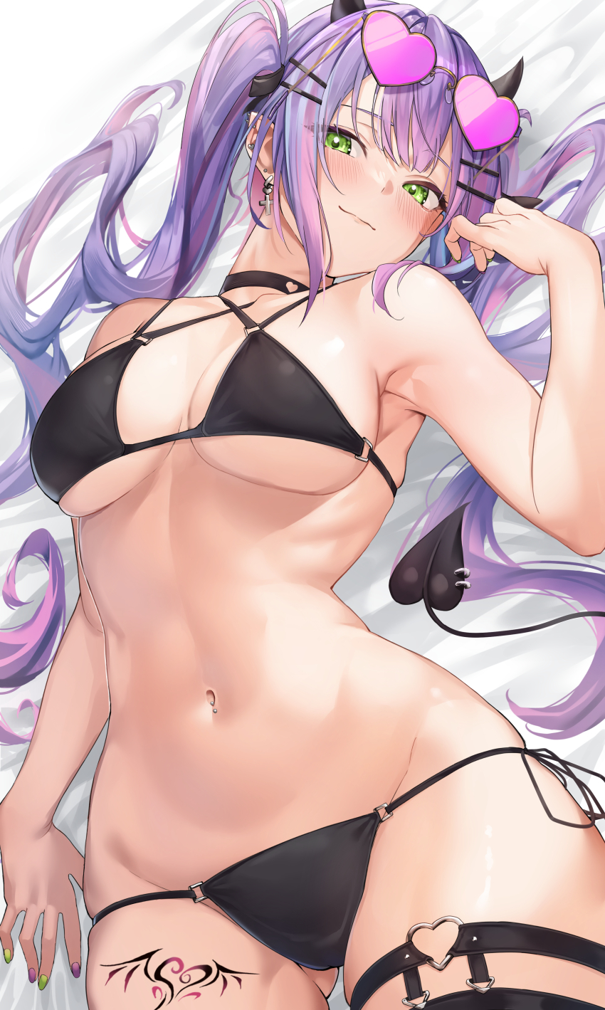1girl, absurdres, alternate_costume, armpits, bed_sheet, bikini, black_bikini, black_choker