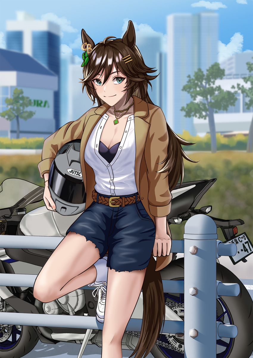 1girl, ahoge, animal_ears, belt, black_shirt, blue_eyes, blue_shorts, breasts