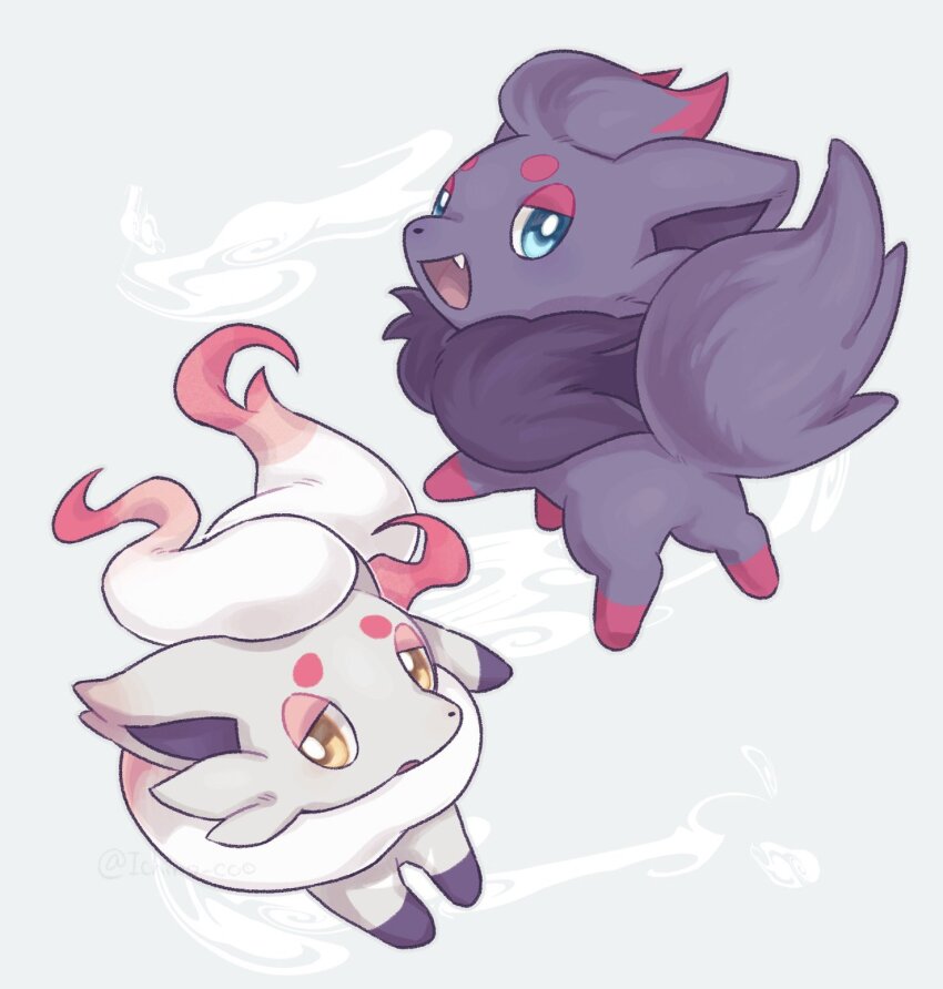 :d, aqua_eyes, bright_pupils, commentary_request, fang, gen_5_pokemon, grey_background, highres