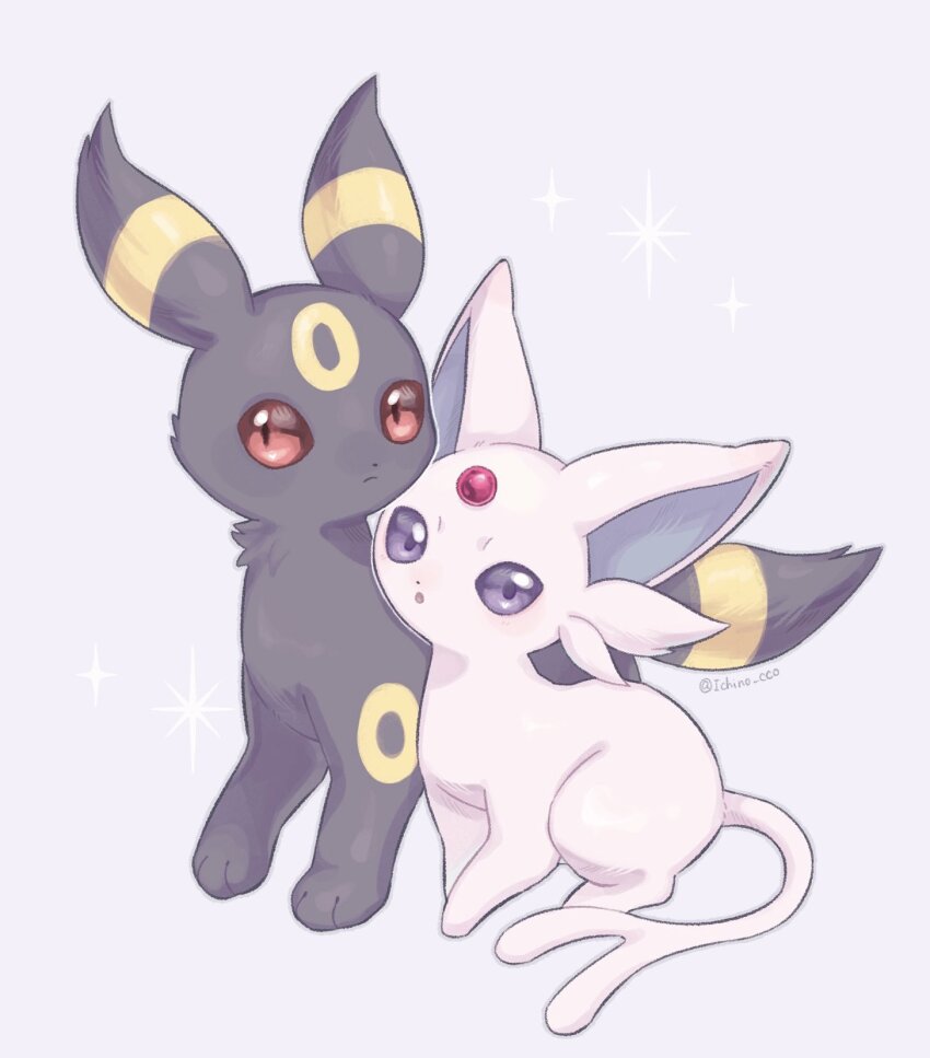 :o, closed_mouth, commentary_request, espeon, forehead_jewel, gen_2_pokemon, grey_background, highres, ichino_cco, looking_at_viewer, nintendo, no_humans, pokemon, pokemon_(creature), purple_eyes, red_eyes, twitter_username, umbreon, watermark