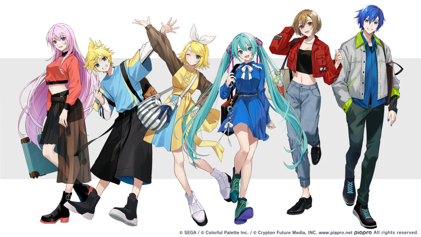 2boys, 4girls, alternate_costume, ankle_boots, aqua_dress, aqua_eyes, aqua_hair, aqua_nails