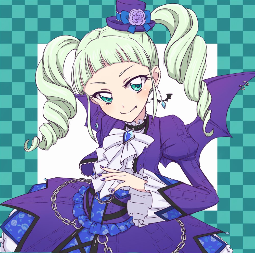 1girl, aikatsu!, aikatsu!_(series), aqua_eyes, bat_earrings, bat_wings, blunt_bangs, blush