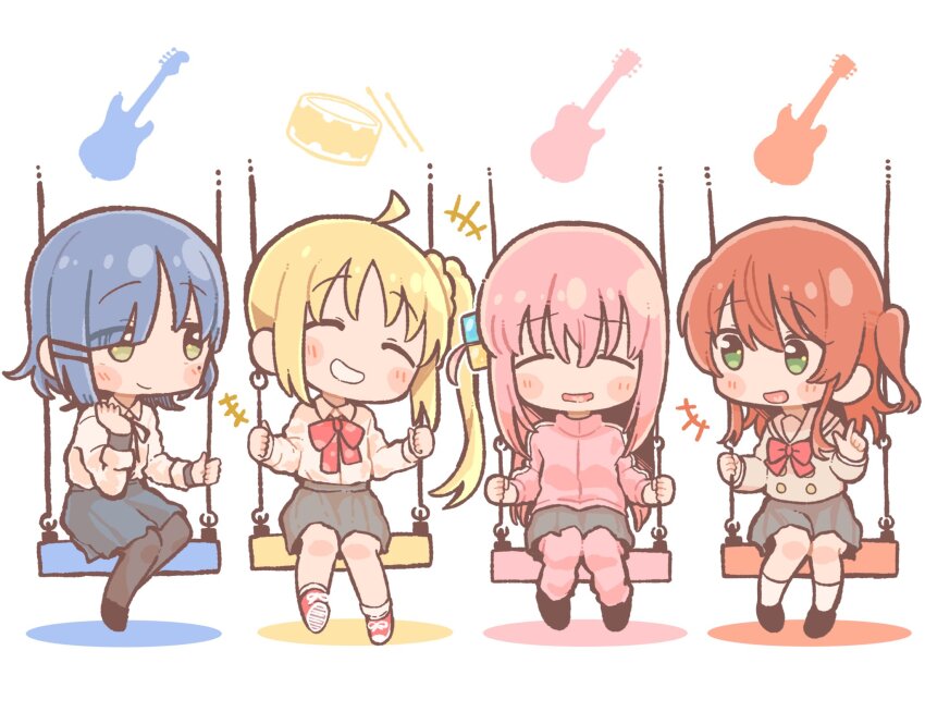 4girls, ahoge, black_footwear, black_ribbon, blonde_hair, blue_hair, blue_skirt, blush