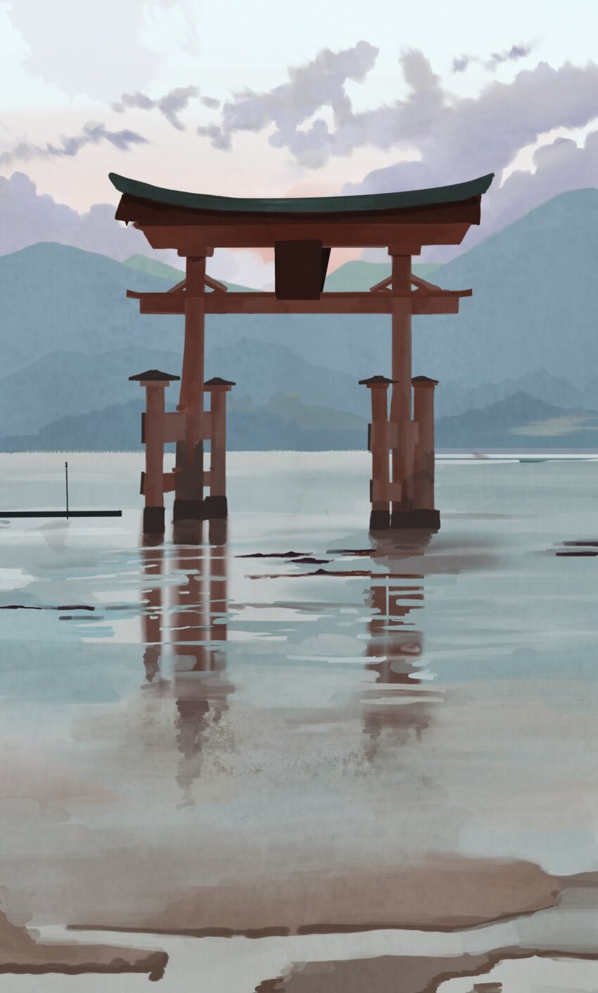 blue_sky, clear_sky, cloud, cloudy_sky, darumaaaane, highres, hill, itsukushima_shrine