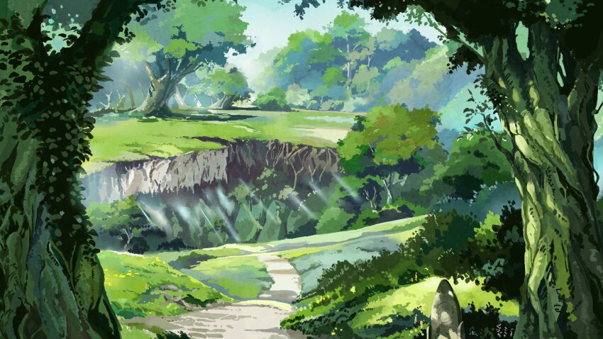 absurdres, branch, darumaaaane, day, forest, grass, highres, leaf, nature, no_humans, original, plant, ravine, scenery, shadow, sunlight, tree, vines