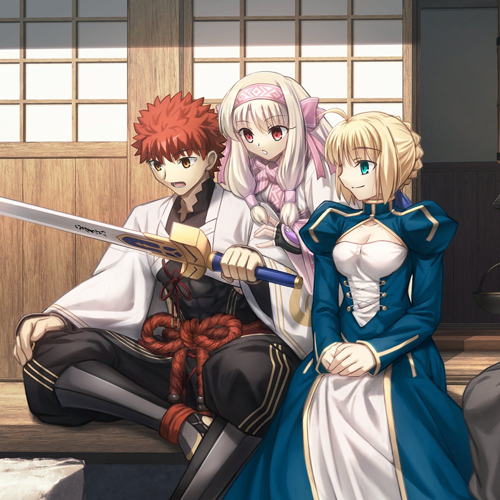 1boy, 2girls, ahoge, ainu_clothes, architecture, artoria_pendragon_(fate), blonde_hair, blush, bow, braid, breasts, covered_abs, dress, east_asian_architecture, emiya_shirou, excalibur_(fate/stay_night), fate/grand_order, fate/stay_night, fate_(series), fingerless_gloves, gloves, green_eyes, hair_bow, hair_ribbon, hairband, holding, holding_sword, holding_weapon, igote, illyasviel_von_einzbern, japanese_clothes, leg_warmers, long_hair, long_sleeves, medium_breasts, multiple_girls, nagatekkou, open_mouth, orange_hair, outdoors, pink_hairband, purple_bow, purple_gloves, purple_hairband, purple_scarf, red_eyes, red_hair, ribbon, rope, saber_(fate), scarf, senji_muramasa_(fate), senji_muramasa_(second_ascension)_(fate), shimenawa, shoori_(migiha), short_hair, sitonai_(fate), smile, sword, very_long_hair, weapon, white_hair, wide_sleeves, yellow_eyes