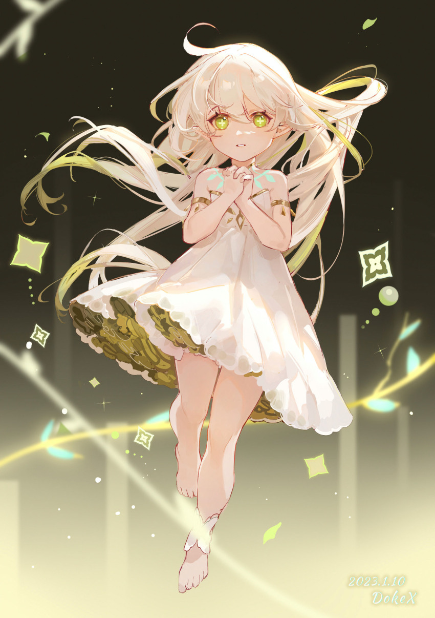 1girl, absurdres, bare_arms, bare_legs, bare_shoulders, barefoot, cross-shaped_pupils, dark_background, dokex_xx, dress, feet, genshin_impact, gradient_hair, green_eyes, green_hair, hair_between_eyes, highres, long_hair, looking_at_viewer, multicolored_hair, nahida_(genshin_impact), symbol-shaped_pupils