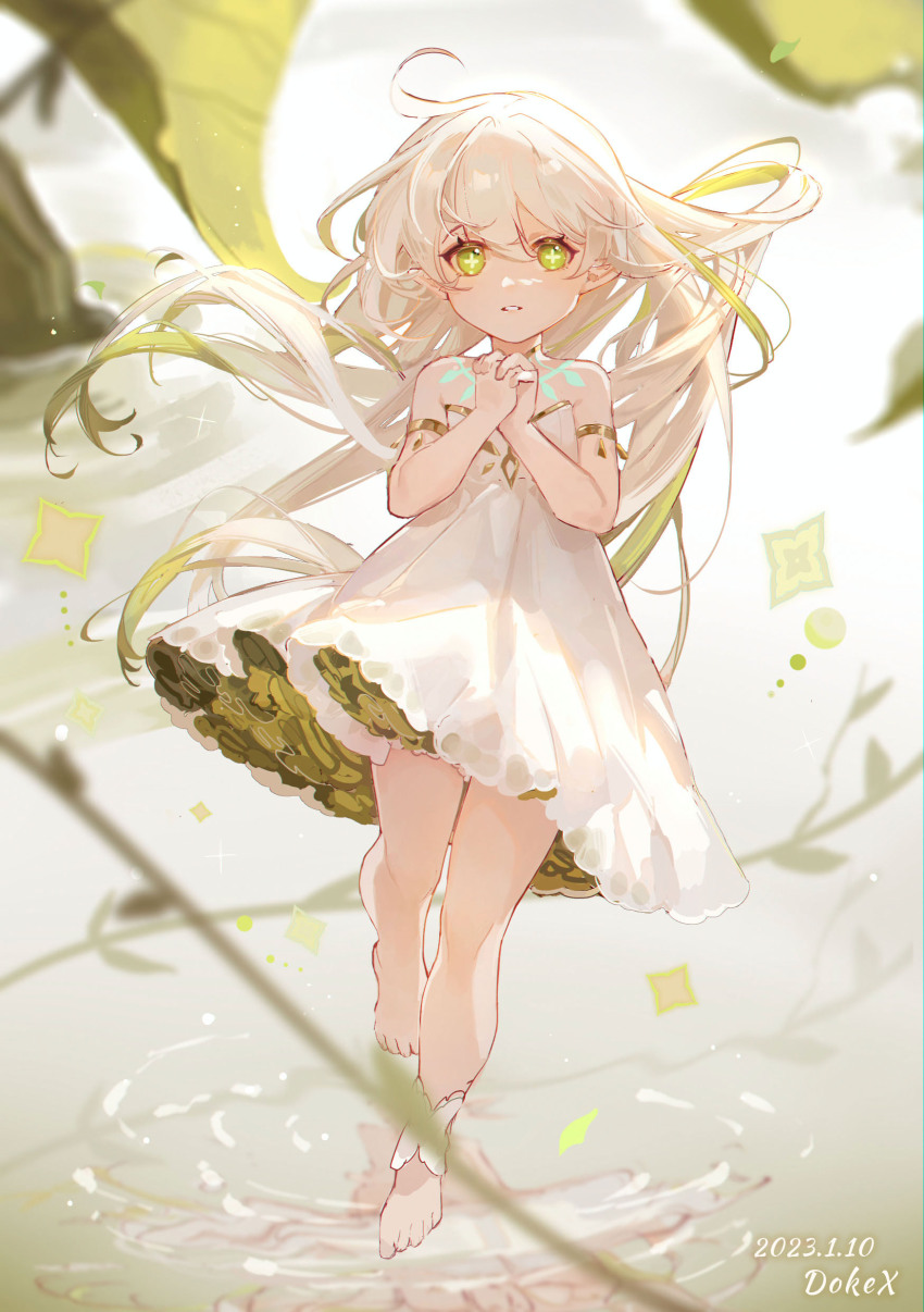 1girl, absurdres, bare_arms, bare_legs, bare_shoulders, barefoot, cross-shaped_pupils, dokex_xx, dress, feet, genshin_impact, gradient_hair, green_eyes, green_hair, hair_between_eyes, highres, long_hair, looking_at_viewer, multicolored_hair, nahida_(genshin_impact), open_mouth, pointy_ears, sleeveless, sleeveless_dress, solo, stirrup_footwear, symbol-shaped_pupils, toes, white_dress, white_hair