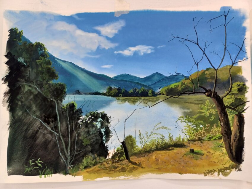 bare_tree, blue_sky, bush, cloud, cloudy_sky, darumaaaane, day, forest, grass, highres, lake, mountain, mountainous_horizon, nature, no_humans, original, sapling, scenery, sky, sunlight, tree, water