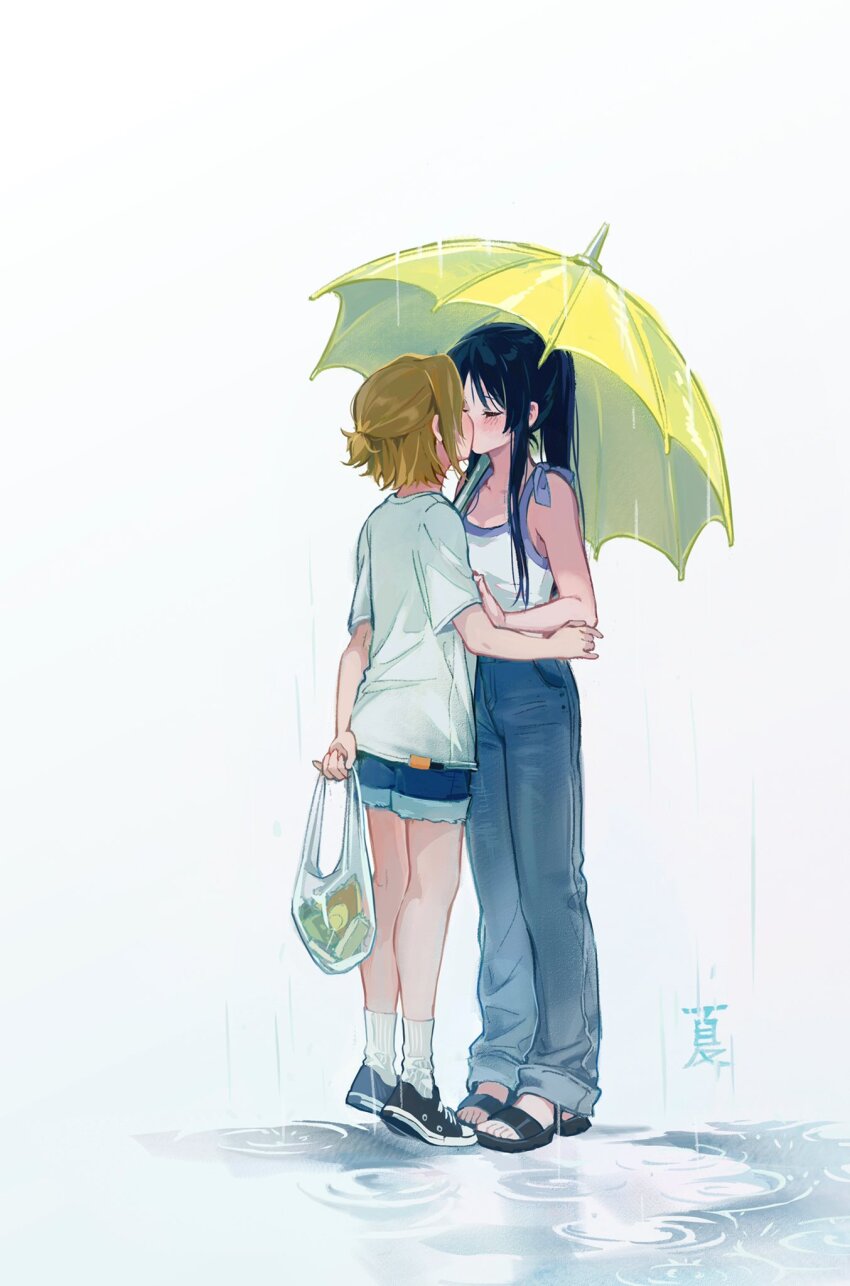 2girls, akiyama_mio, bag, black_footwear, black_hair, blue_pants, blue_shorts, blush