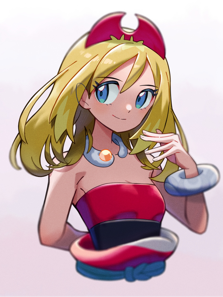 1girl, absurdres, alternate_hair_length, alternate_hairstyle, blonde_hair, blue_eyes, blurry, bracelet