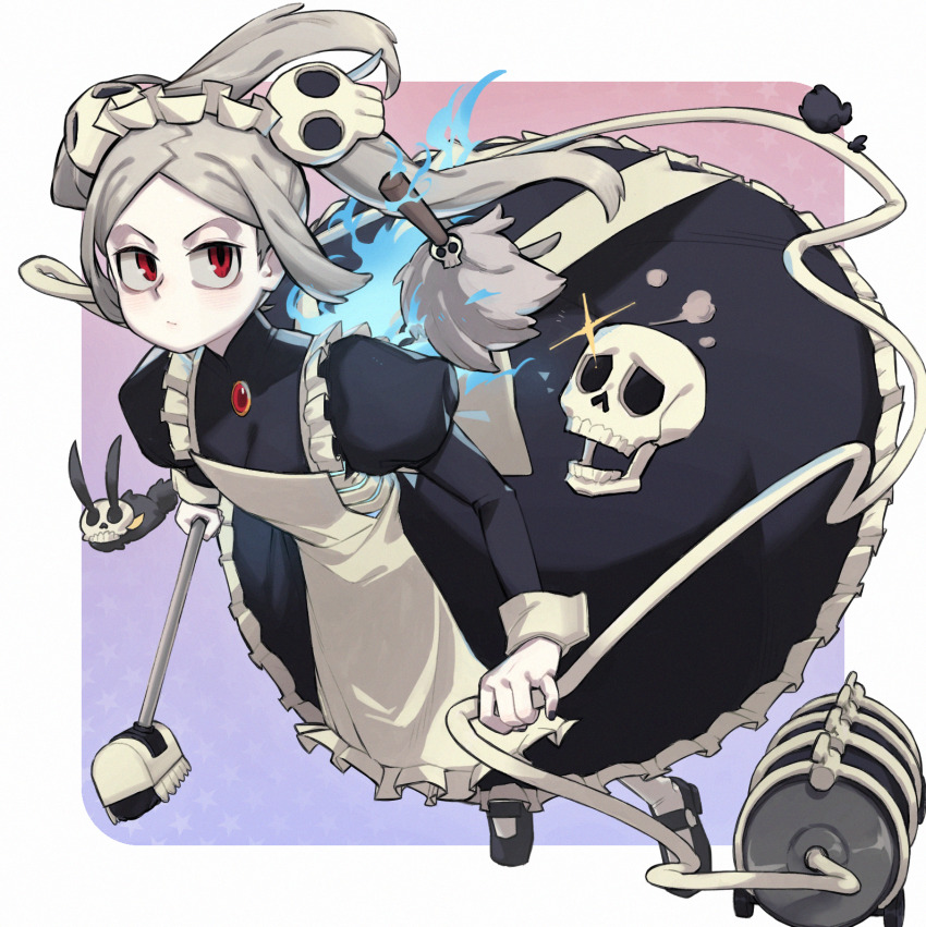 1girl, apron, black_dress, black_nails, black_shoes, bloody_marie_(skullgirls), blue_fire, dress