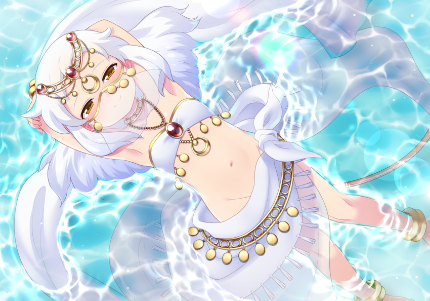 1girl, afloat, anklet, arms_up, blush, bombergirl, brown_eyes, caustics