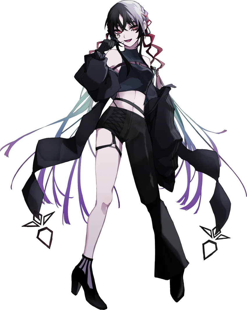 1girl, absurdres, asymmetrical_pants, bass_clef, belt, black_coat, black_gloves, black_hair, black_shirt, blue_hair, braid, coat, crop_top, facial_tattoo, fuiro, full_body, gloves, gradient_hair, hands_up, headset, high_heels, highres, long_hair, looking_at_viewer, midriff, multicolored_hair, navel, o-ring, o-ring_thigh_strap, off_shoulder, official_art, open_mouth, orihara_(ewkkyorhr), purple_hair, red_eyes, red_hair, ringed_eyes, shirt, single_bare_leg, sleeveless, sleeveless_shirt, smile, solo, standing, tattoo, thigh_strap, third-party_source, transparent_background, triangle_ring, very_long_hair, vocaloid, white_hair