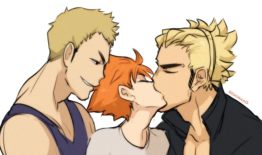 3boys, age_difference, black_eyes, black_jacket, blonde_hair, blue_tank_top, closed_eyes, coach, french_kiss, grey_shirt, haikyuu!!, highres, hinata_shouyou, idoraad, jacket, kiss, male_focus, multiple_boys, open_clothes, open_jacket, orange_hair, pectoral_cleavage, pectorals, portrait, shirt, simple_background, smile, takinoue_yusuke, tank_top, teacher, teacher_and_student, ukai_keishin, white_background, yaoi