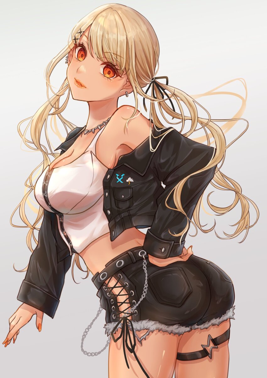 1girl, ass, black_jacket, black_pants, black_ribbon, blonde_hair, blunt_bangs, breasts, cleavage, cropped_jacket, cross-laced_pants, ear_piercing, earrings, fur_trim, grey_background, gyaru, hair_ornament, hair_ribbon, highres, jacket, jewelry, kaminari_qpi, large_breasts, long_hair, looking_at_viewer, miya_(_32miya107), off_shoulder, orange_eyes, pants, piercing, ribbon, shorts, side_slit, side_slit_shorts, sidelocks, simple_background, solo, spiked_necklace, tank_top, thigh_strap, twintails, virtual_youtuber, vspo!, white_tank_top, x_hair_ornament
