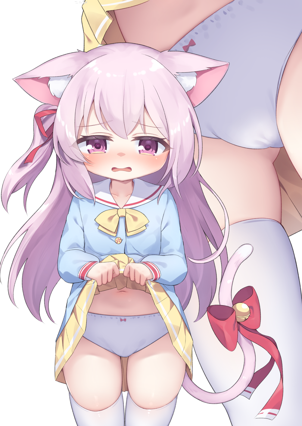 1girl, animal_ear_fluff, animal_ears, azur_lane, bell, blue_shirt, blush, bow, bow_panties, cat_ears, cat_girl, cat_tail, clothes_lift, collarbone, commentary_request, commission, cowboy_shot, double-parted_bangs, embarrassed, female_focus, flat_chest, hair_ribbon, highres, jingle_bell, kindergarten_uniform, kisaragi_(azur_lane), kokone_(coconeeeco), lifting_own_clothes, loli, long_hair, long_sleeves, looking_at_viewer, miniskirt, mtu_virus, multiple_views, navel, missing_headwear, one_side_up, paid_reward_available, panties, parted_lips, pink_bow, pink_eyes, pink_hair, pleated_skirt, puffy_long_sleeves, puffy_sleeves, red_bow, red_ribbon, ribbon, sailor_collar, sailor_shirt, shirt, shirt_bow, skeb_commission, skindentation, skirt, skirt_lift, tail, tail_bell, tail_bow, tail_ornament, thighhighs, underwear, wavy_mouth, white_panties, white_sailor_collar, white_thighhighs, yellow_bow, yellow_skirt