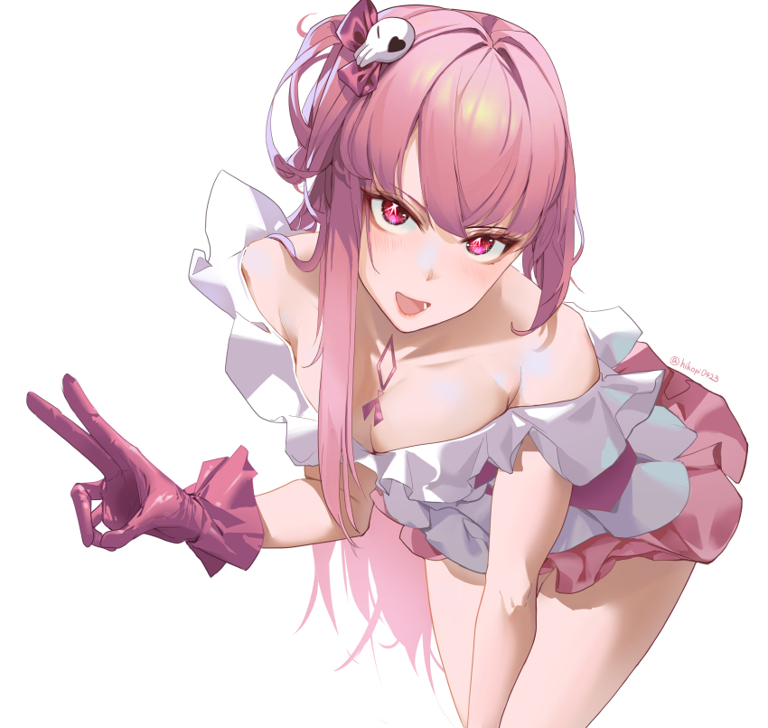 1girl, absurdres, aoba_ao, asymmetrical_hair, bare_shoulders, blush, breasts, cleavage, collarbone, commentary, cowboy_shot, dress, frilled_dress, frilled_gloves, frills, gloves, hair_ornament, highres, hololive, hololive_english, idol_(yoasobi), long_hair, looking_at_viewer, medium_breasts, mori_calliope, off-shoulder_dress, off_shoulder, open_mouth, pink_dress, pink_eyes, pink_gloves, pink_hair, simple_background, single_sidelock, skull_hair_ornament, solo, star-shaped_pupils, star_(symbol), symbol-shaped_pupils, twitter_username, two-tone_dress, v, variant_set, virtual_youtuber, white_background, white_dress, yoasobi