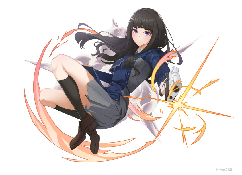 1girl, absurdres, aoba_ao, artist_name, black_hair, black_socks, blue_dress, blue_ribbon