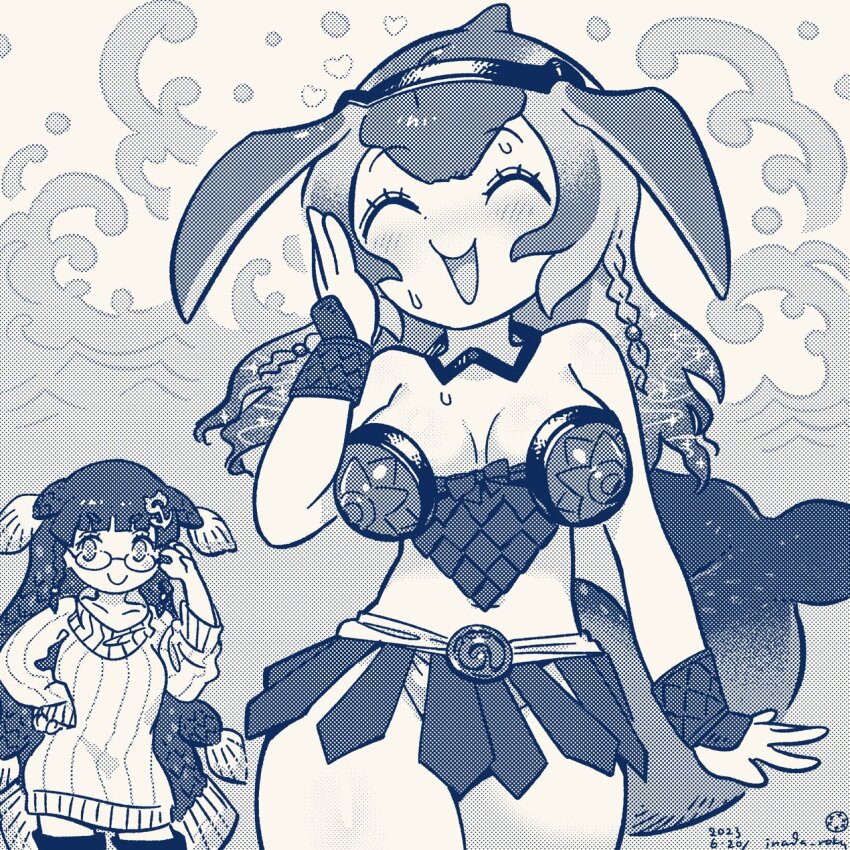 2girls, ^_^, adjusting_eyewear, arm_at_side, armor, bespectacled, bikini_armor, blowhole, blue_whale_(kemono_friends), blue_whale_(kemono_friends)_(cosplay), blunt_bangs, blush, bracer, braid, breasts, c:, cetacean_tail, chibi, closed_eyes, closed_mouth, coelacanth_(kemono_friends), coelacanth_(kemono_friends)_(cosplay), collar, cosplay, costume_switch, cowboy_shot, dated, dorsal_fin, dress, fins, fish_tail, glasses, greyscale, hairband, hand_on_eyewear, hand_on_own_cheek, hand_on_own_face, hand_on_own_hip, hand_up, head_fins, highres, inada_roku, japari_symbol, kemono_friends, large_breasts, long_hair, long_sleeves, medium_breasts, midriff, monochrome, multicolored_hair, multiple_girls, navel, open_mouth, panties, parted_bangs, side_braid, skirt, smile, stomach, sweat, sweater, sweater_dress, tail, thighhighs, twin_braids, underwear, very_long_hair, water, waves, whale_girl