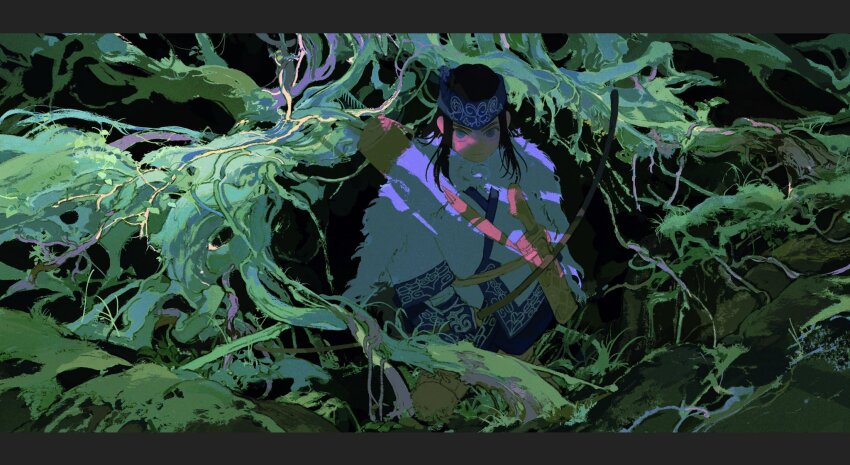 1girl, ainu, ainu_clothes, asirpa, bandana, black_hair, blue_bandana, blue_eyes, bow_(weapon), cape, crack_of_light, earrings, fur_cape, gkyoyo00, golden_kamuy, green_theme, highres, holding, holding_bow_(weapon), holding_weapon, hoop_earrings, jewelry, long_hair, long_sleeves, looking_at_viewer, plant, serious, solo, weapon