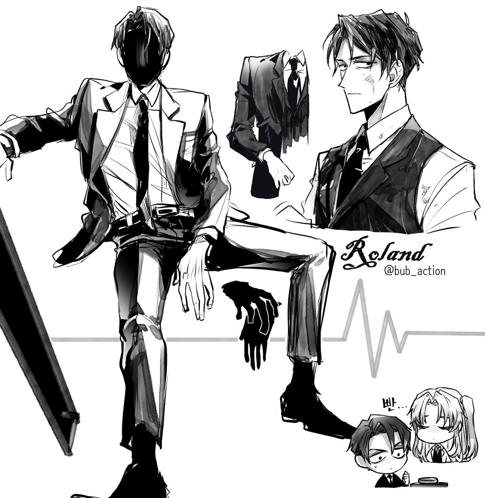 1boy, 1girl, angela_(project_moon), belt, black_belt, black_footwear, black_jacket, black_mask