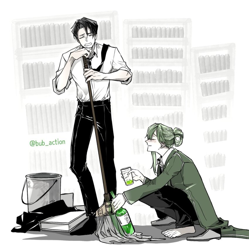 2boys, barefoot, black_footwear, black_hair, black_necktie, black_pants, book, bookshelf