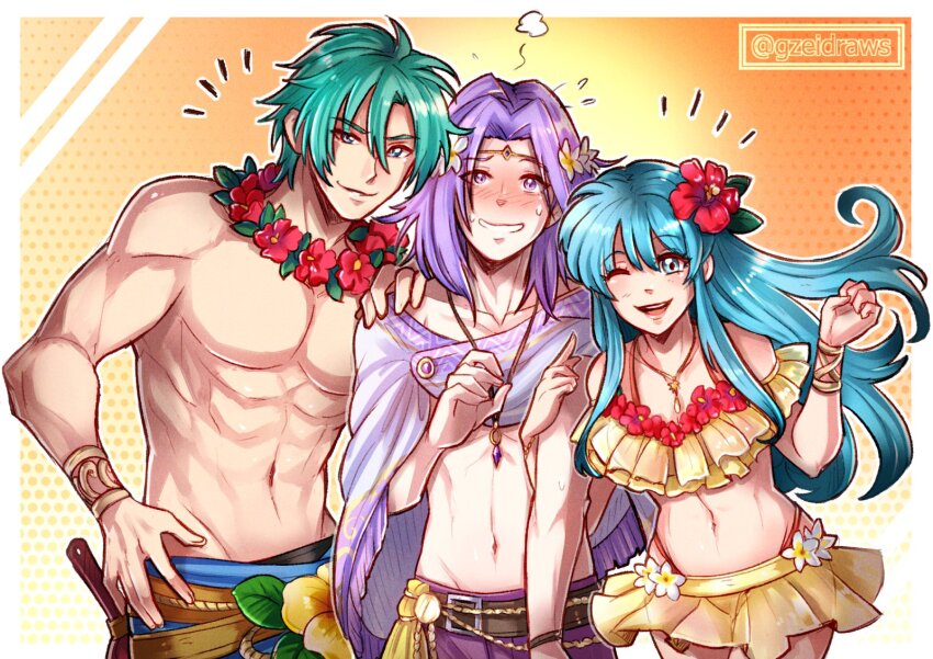 1girl, 2boys, :d, bikini, blue_hair, blush, capelet, commentary, eirika_(fire_emblem), eirika_(summer)_(fire_emblem), english_commentary, ephraim_(fire_emblem), ephraim_(summer)_(fire_emblem), fire_emblem, fire_emblem:_the_sacred_stones, fire_emblem_heroes, flower, flower_wreath, frilled_bikini, frills, gzei, hair_flower, hair_ornament, highres, long_hair, looking_at_viewer, lyon_(fire_emblem), lyon_(summer)_(fire_emblem), multiple_boys, nintendo, one_eye_closed, open_mouth, purple_capelet, purple_hair, sarong, smile, swimsuit, topless_male